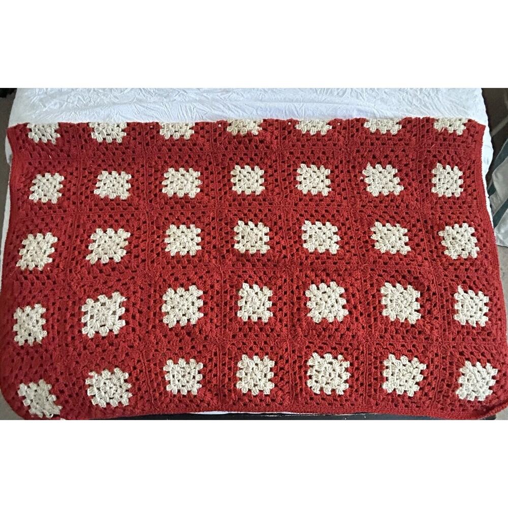 Crochet Afghan Throw Lap Blanket 62X48 Rust Beige Vintage MCM Boho